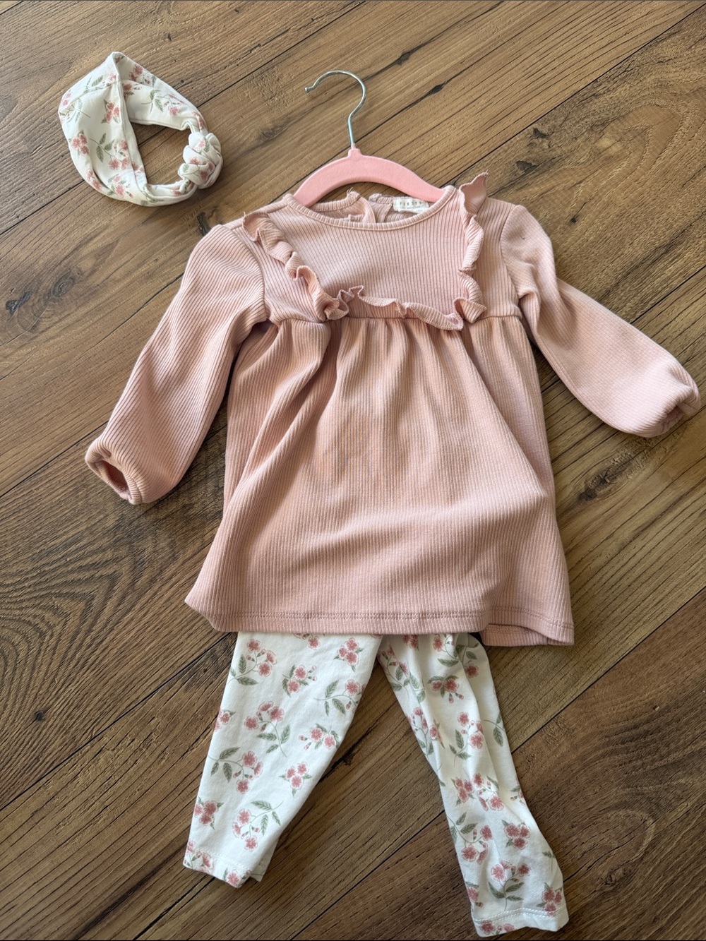 Petit Lem Pink Ribbed Ruffle Top with Floral Leggings Set
